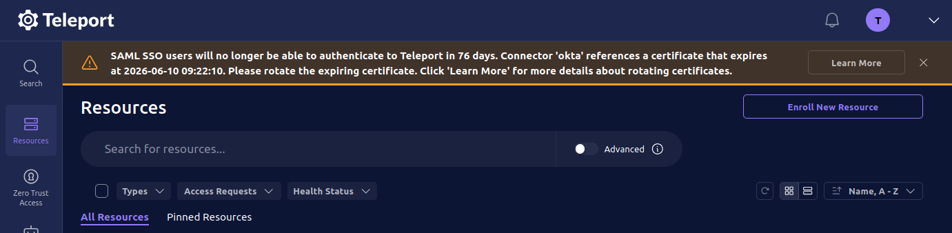 Cluster alert showing expiring SAML signing certificate