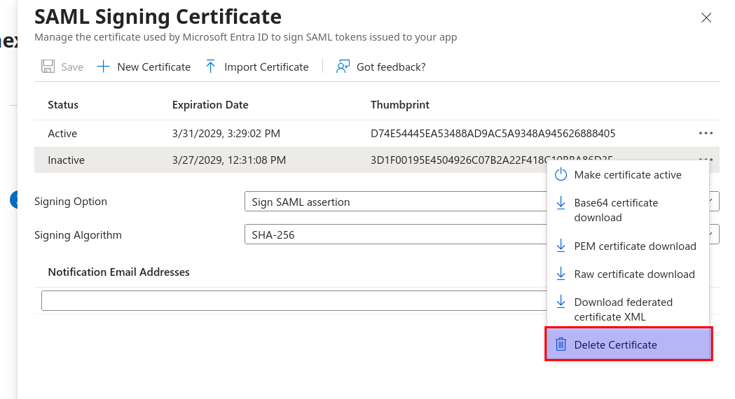 Entra delete certificate