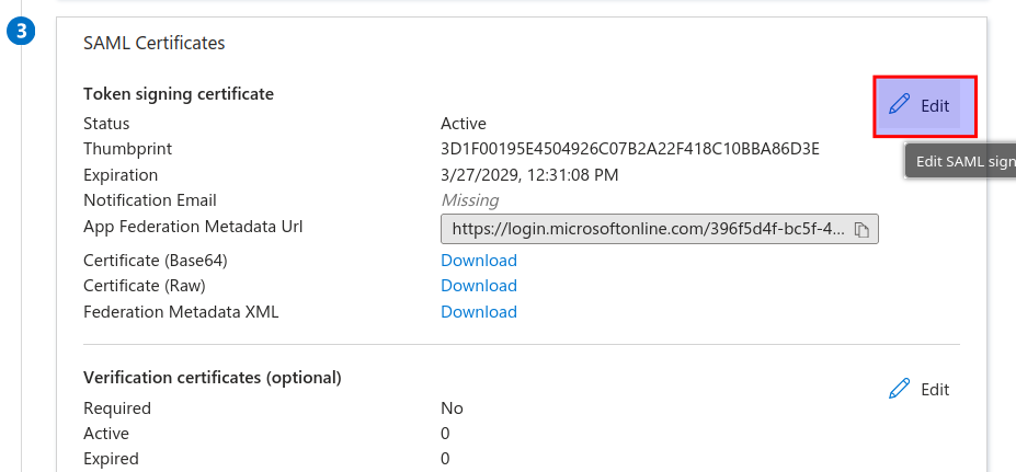 Entra edit SAML certificates