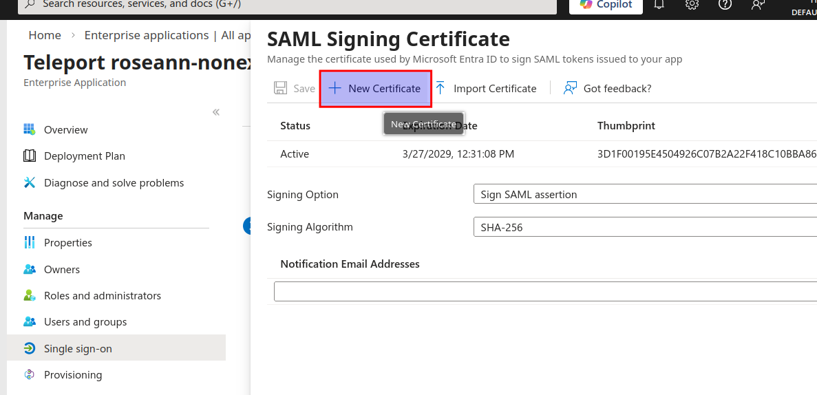 Entra new certificate button